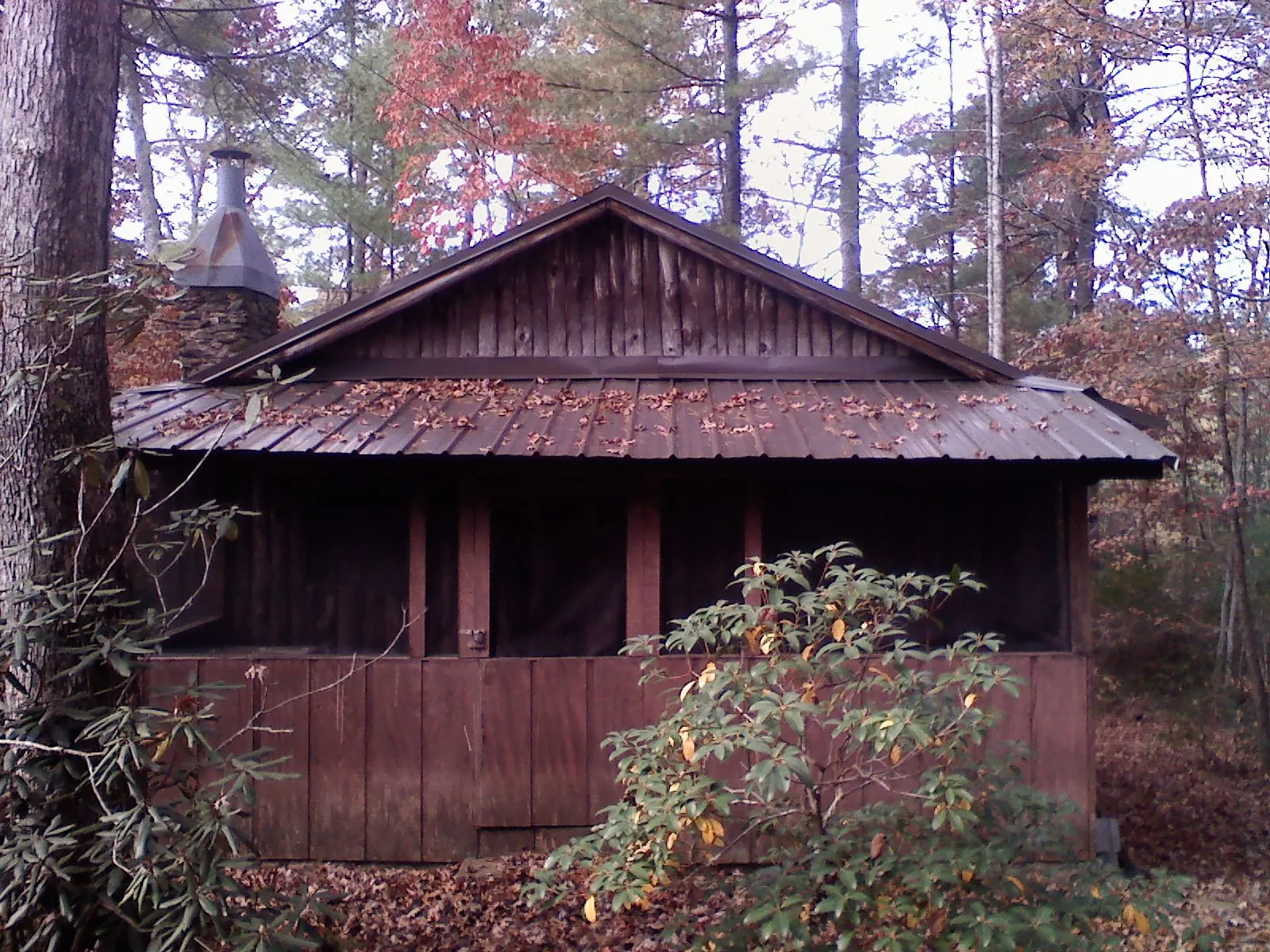 Metal roof over the screened porch of a rustic cabin in Twin Lake